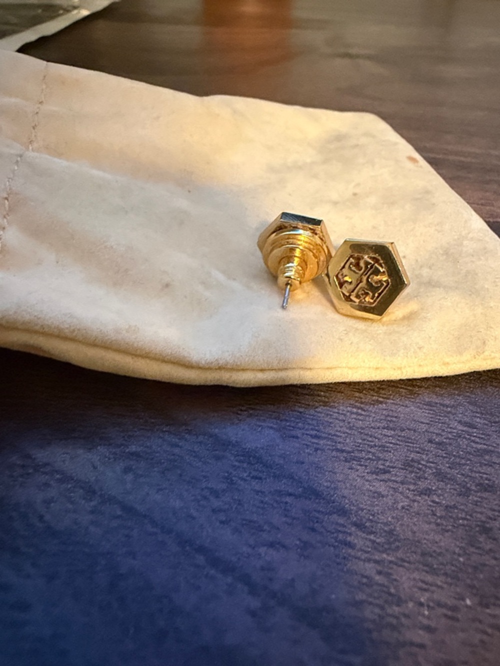 Authentic Tory Burch Gold Hexagon Logo Stud Earrings